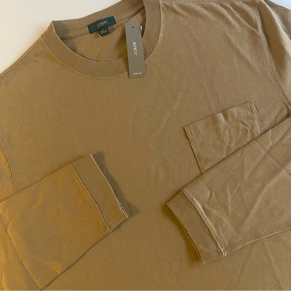 J CREW Oarsman Pocket Shirt Men L SLIM Camel Brown Crew Neck Long Sleeve Tee